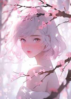 Delicate Sakura Girl Art Print - Premium Wooden Framed Poster. Ready to Hang.