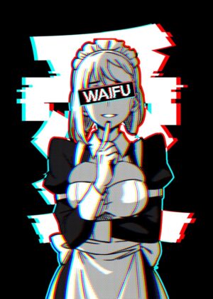 Glitched Anime Waifu Maid: Digital Art Print - Premium Wooden Framed Poster. Ready to Hang.