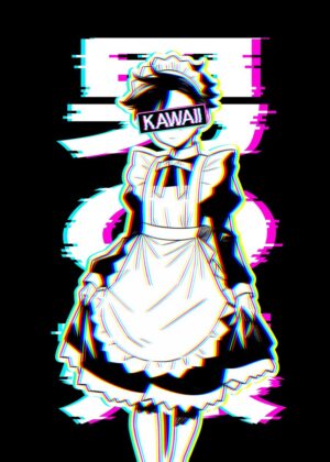 Kawaii Femboy Maid Glitch Art Print - Premium Wooden Framed Poster. Ready to Hang.