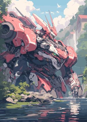 Fantasy Anime Mech Warrior Art Print - Premium Wooden Framed Poster. Ready to Hang.