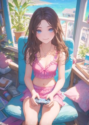 Anime Girl Gamer: Sun-Kissed Relaxation - Premium Wooden Framed Poster. Ready to Hang.
