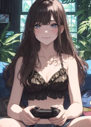 Anime Girl Gamer: Relaxing Summer Vibes - Premium Wooden Framed Poster. Ready to Hang.