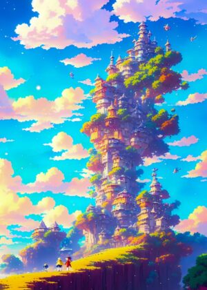 Pixel Art Village in the Sky - Premium Wooden Framed Poster. Ready to Hang.