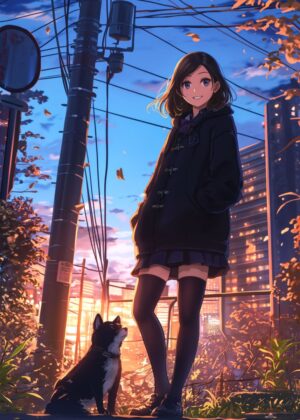 Anime Girl and Dog at Sunset - Premium Wooden Framed Poster. Ready to Hang.