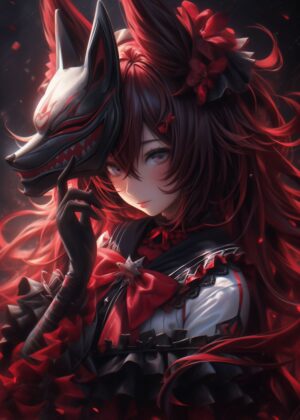 Kitsune Fox Girl: Mystical Anime Art Print - Premium Wooden Framed Poster. Ready to Hang.