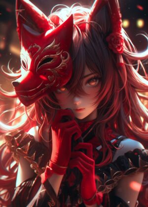 Enigmatic Red Fox Spirit Anime Girl Art Print - Premium Wooden Framed Poster. Ready to Hang.
