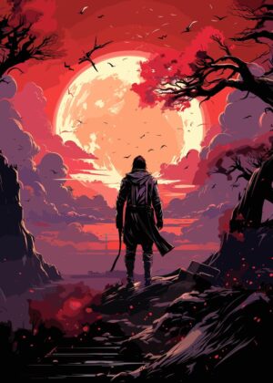 Anime Man Contemplating a Crimson Sunset - Premium Wooden Framed Poster. Ready to Hang.