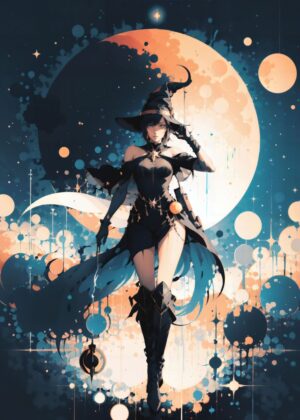 Anime Girl Under the Moonlight: Celestial Witch Art Print - Premium Wooden Framed Poster. Ready to Hang.