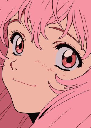 Happy Pink Hair Anime Girl Art Print - Premium Wooden Framed Poster. Ready to Hang.