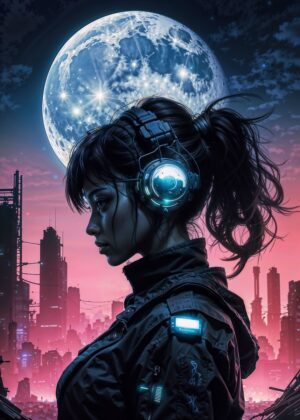 Cyberpunk Moon Girl: Futuristic Cityscape and Lunar Glow - Premium Wooden Framed Poster. Ready to Hang.