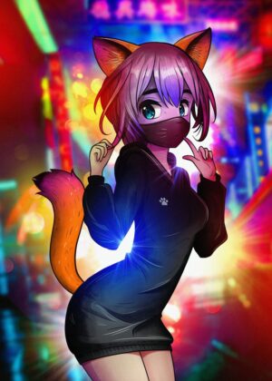 Cute Anime Girl with Cat Ears - Premium Wooden Framed Poster. Ready to Hang.