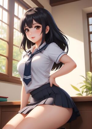 Charming Korean Girl in School Uniform - Premium Wooden Framed Poster. Ready to Hang.