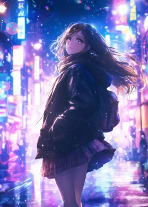 Anime Girl Walking in Neon City Nights - Premium Wooden Framed Poster. Ready to Hang.