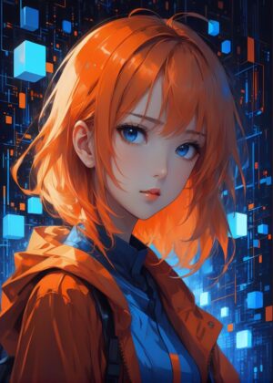 Vibrant Anime Girl with Orange Hair and Blue Eyes - Premium Wooden Framed Poster. Ready to Hang.