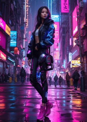 Neon Cyberpunk Cityscape: Futuristic Woman - Premium Wooden Framed Poster. Ready to Hang.
