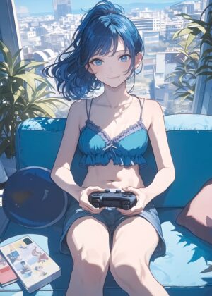 Anime Girl Gamer: Sunlit Cityscape - Premium Wooden Framed Poster. Ready to Hang.
