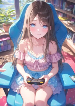 Adorable Anime Girl Gamer Art Print - Premium Wooden Framed Poster. Ready to Hang.