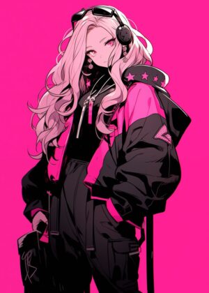 Pink Anime Girl: Vibrant Style and Attitude - Premium Wooden Framed Poster. Ready to Hang.