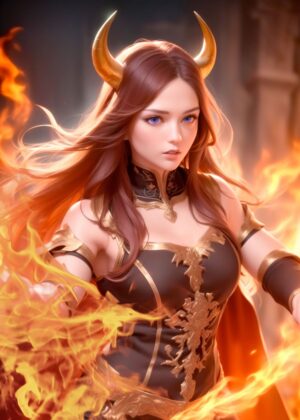 Fiery Anime Maiden: A Digital Art Print - Premium Wooden Framed Poster. Ready to Hang.