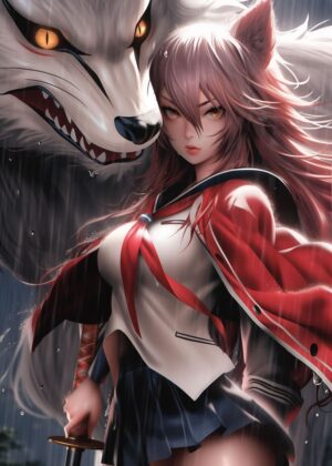 Wolf Girl Warrior: Anime Art Print - Premium Wooden Framed Poster. Ready to Hang.