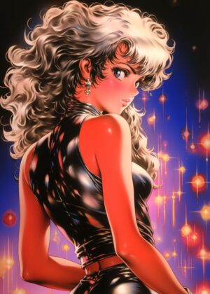 Retro Space Girl: Cyberpunk Anime Art Print - Premium Wooden Framed Poster. Ready to Hang.