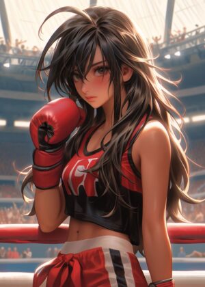Anime Boxing Girl: Fierce Determination Artwork - Premium Wooden Framed Poster. Ready to Hang.
