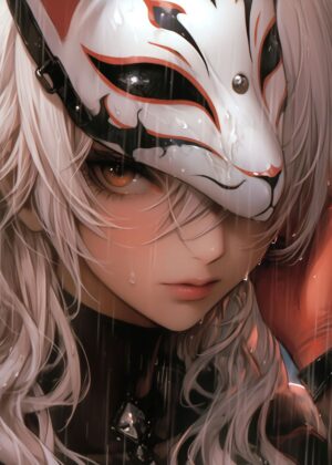Anime Girl with Kitsune Mask in the Rain - Premium Wooden Framed Poster. Ready to Hang.