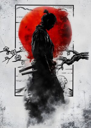 Red Moon Samurai: A Stunning Artwork of Japanese Culture - Premium Wooden Framed Poster. Ready to Hang.