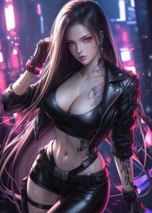 Cyberpunk Anime Waifu Art Print - Premium Wooden Framed Poster. Ready to Hang.