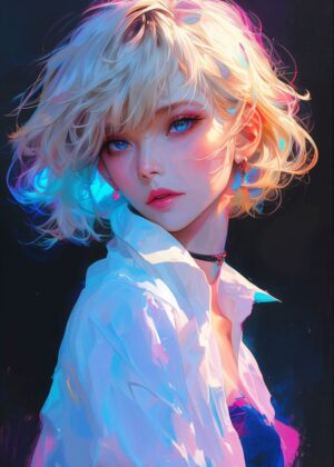 Cyberpunk Blonde Anime Girl Art Print - Premium Wooden Framed Poster. Ready to Hang.