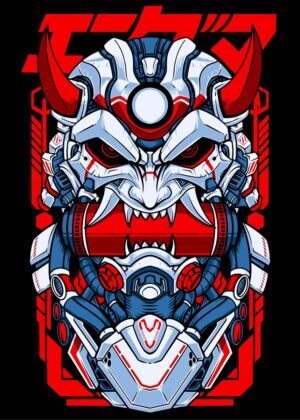 Shinobi Higan: Mech Oni Mask Artwork - Premium Wooden Framed Poster. Ready to Hang.