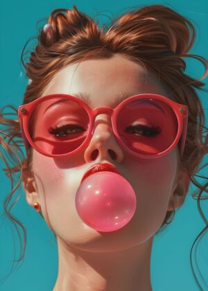 Summer Girl with Bubblegum - Premium Wooden Framed Poster. Ready to Hang.