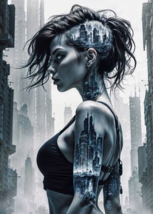 Cyberpunk Cityscape Tattoo Girl: Futuristic Art Print - Premium Wooden Framed Poster. Ready to Hang.