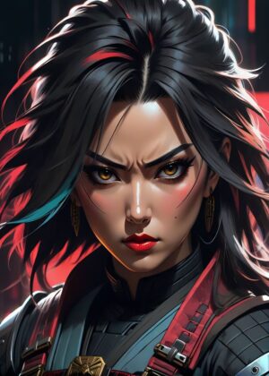 Brutal Samurai Woman: Digital Art Print - Premium Wooden Framed Poster. Ready to Hang.