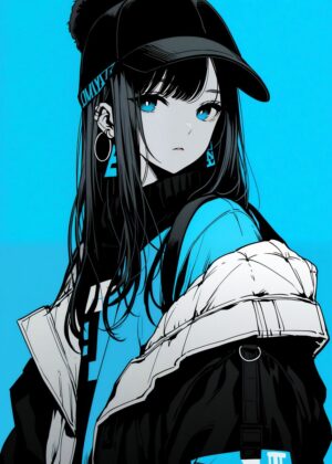 Stylish Blue Anime Girl Art Print - Premium Wooden Framed Poster. Ready to Hang.