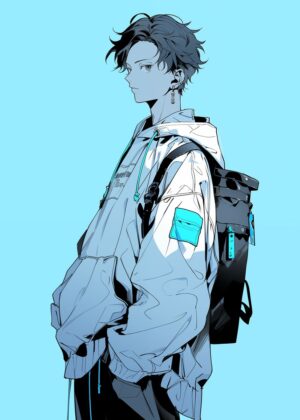 Stylish Anime Boy Artwork: Blue Hues and Urban Vibe - Premium Wooden Framed Poster. Ready to Hang.