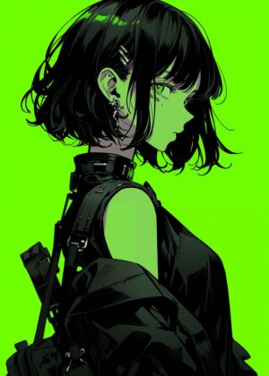 Green Anime Girl: Style and Attitude - Premium Wooden Framed Poster. Ready to Hang.