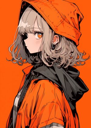 Vibrant Orange Anime Girl Art Print - Premium Wooden Framed Poster. Ready to Hang.