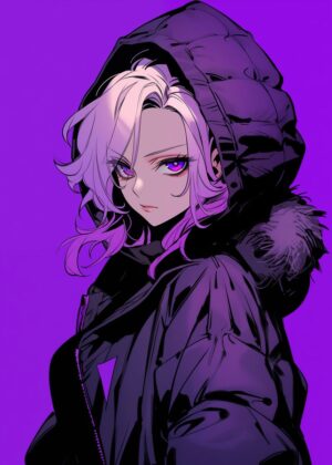 Mysterious Purple Anime Girl Artwork - Premium Wooden Framed Poster. Ready to Hang.