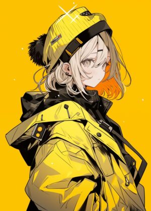 Vibrant Yellow Anime Girl Art Print - Premium Wooden Framed Poster. Ready to Hang.