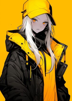 Vibrant Yellow Anime Girl Art Print - Premium Wooden Framed Poster. Ready to Hang.