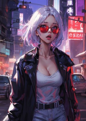Purple Hair Anime Girl in Cityscape - Premium Wooden Framed Poster. Ready to Hang.