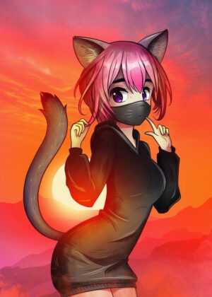 Sunset Cat Girl Anime Art Print - Premium Wooden Framed Poster. Ready to Hang.