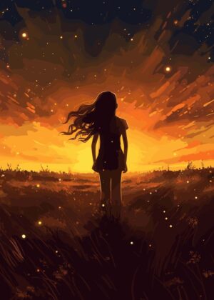 Sunset Silhouette: A Dreamy Girl in a Field of Fireflies - Premium Wooden Framed Poster. Ready to Hang.