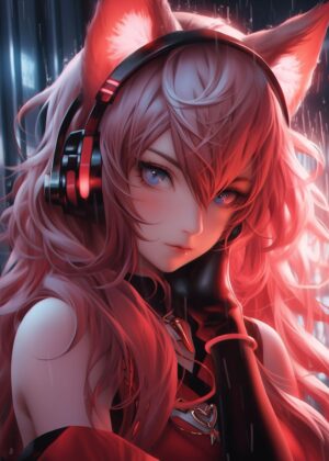 Cyberpunk Cat Girl Anime Art Print - Premium Wooden Framed Poster. Ready to Hang.