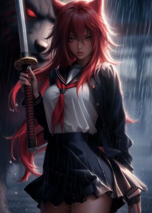 High School Warrior: Anime Girl with Katana in the Rain - Premium Wooden Framed Poster. Ready to Hang.
