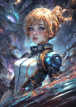 Space Astronaut Girl: Digital Art Print - Premium Wooden Framed Poster. Ready to Hang.