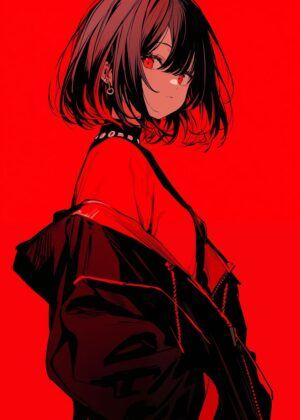 Fiery Anime Girl: Red Aesthetic Artwork - Premium Wooden Framed Poster. Ready to Hang.