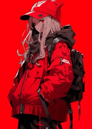Fiery Anime Girl in Red - Premium Wooden Framed Poster. Ready to Hang.