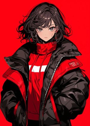 Red Anime Girl: Fiery Style and Attitude - Premium Wooden Framed Poster. Ready to Hang.